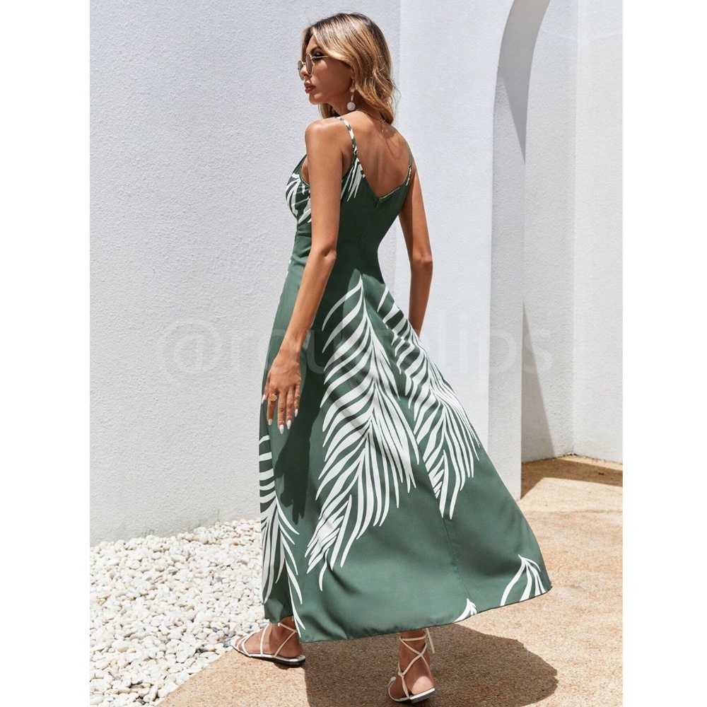 Dark Green Dress White Tropical Leaf Print Maxi Cami Draped Neckline Leg Slit - Picture 4 of 7
